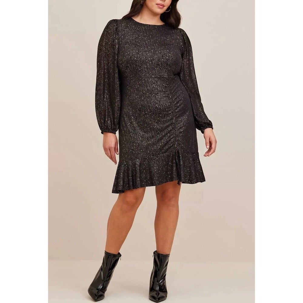 TORRID 5X(28) Black Gold Fit & Flare Mini Studio Knit Ruched Dress Crew Neck - Picture 2 of 16